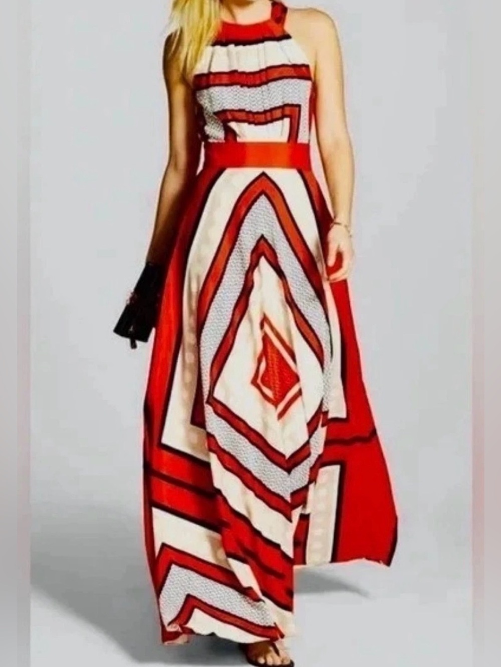 Eliza J Womens Scarf Crepe de Chine Halter Maxi Dress Size 6 Red Cream Summer - Picture 2 of 10